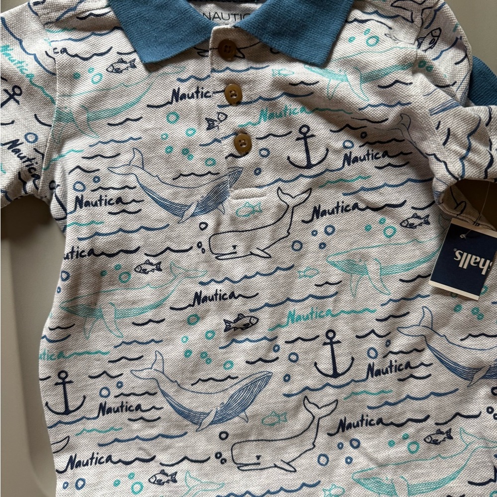 Nautica Kids Whale and Anchor Print Polo - White and Blue